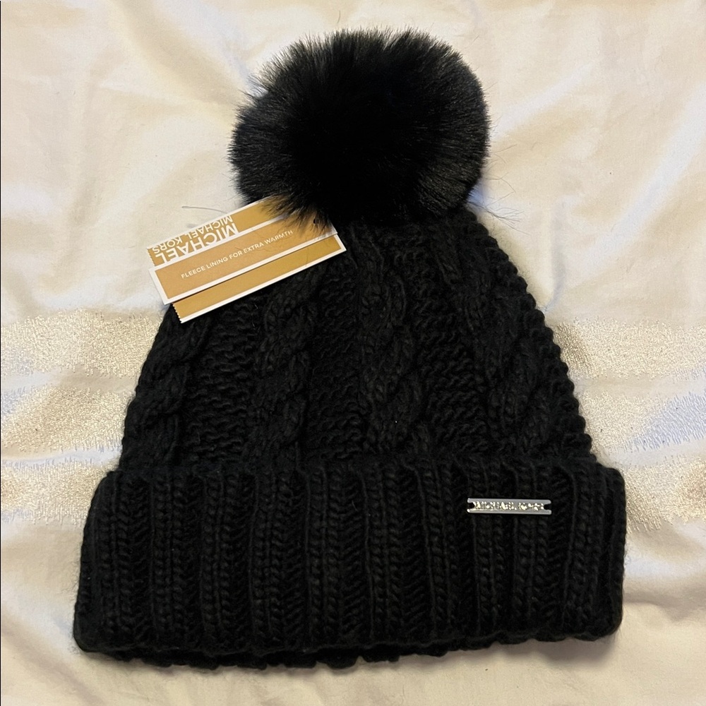 Michael Kors Black Knit Hat with Silver Logo